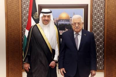 Saudi Ambassador Naif Al-Sudairi with Palestinian President Mahmoud Abbas in the West Bank City of Ramallah. EPA