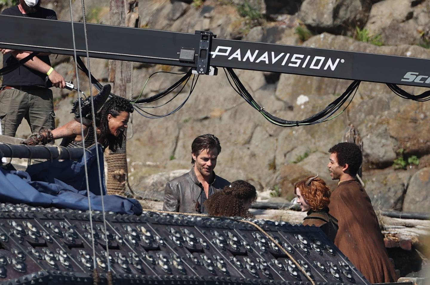 (L-R) Michelle Rodriguez, Chris Pine and Justice Smith during filming for 'Dungeons and Dragons' in Carrickfergus, Northern Ireland, one of several inward investment films in production in the UK. Getty Images