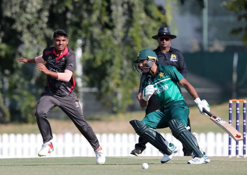 UAE's Aayan Afzal Khan against Pakistan during the Under 19 Asia Cup at the ICC Academy in Dubai. Chris Whiteoak/ The National