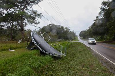 A trampoline landed on the side of the road after Hurricane Sally made landfall, near Grand Bay Alabama. REUTERS