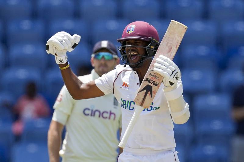 West Indies captain Kraigg Brathwaite celebrates after defeating England by ten wickets on Day 4 in Grenada. AP