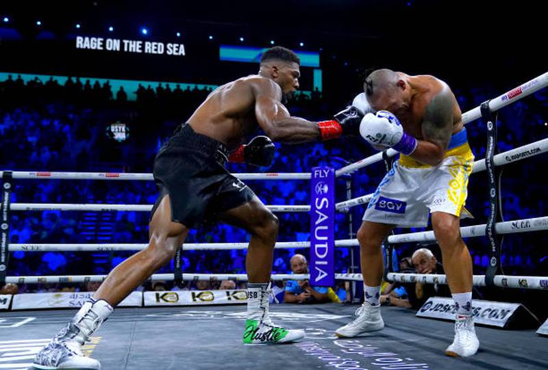 Anthony Joshua on the front foot against Oleksandr Usyk. PA