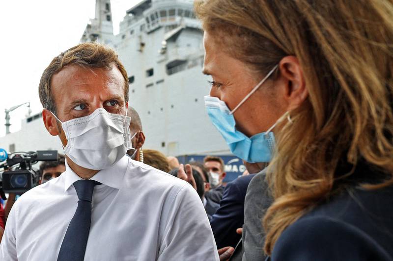French President Emmanuel Macron meets UN representatives and NGOs at Beirut port. AFP