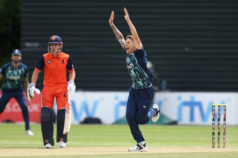 England's Brydon Carse successfully appeals for the wicket of Tom Cooper. Getty