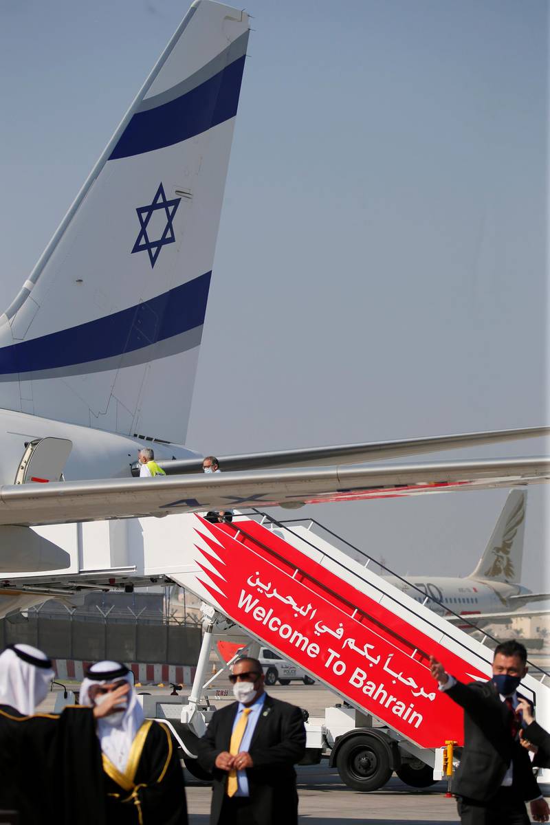 The Israeli flag carrier El Al's airliner carrying an Israeli delegation accompanied by the US treasury secretary is seen in Muharraq, Bahrain.   Reuters