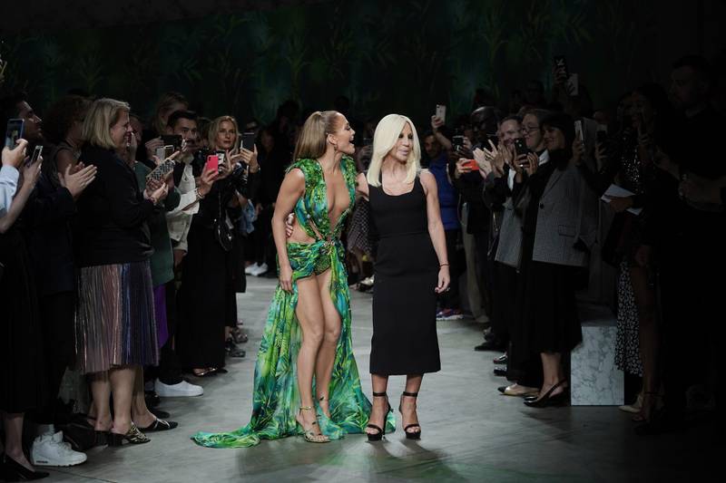 MILAN, ITALY - SEPTEMBER 20: Jennifer Lopez and Donatella Versace walk the runway at the Versace show during the Milan Fashion Week Spring/Summer 2020 on September 20, 2019 in Milan, Italy. (Photo by Vittorio Zunino Celotto/Getty Images)