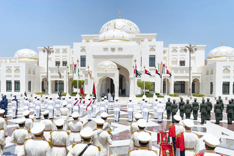 ABU DHABI, UNITED ARAB EMIRATES - August 24, 2019: HH Sheikh Mohamed bin Zayed Al Nahyan, Crown Prince of Abu Dhabi and Deputy Supreme Commander of the UAE Armed Forces (center R) and HE Narendra Modi, Prime Minister of India (center L), stand for the national anthem during a reception, at Qasr Al Watan.

( Rashed Al Mansoori / Ministry of Presidential Affairs )
---