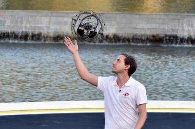 Patrick Thevoz, the leader of Flyability, showcases Gimball, his Swiss team’s award-winning search-and-rescue drone. EPA