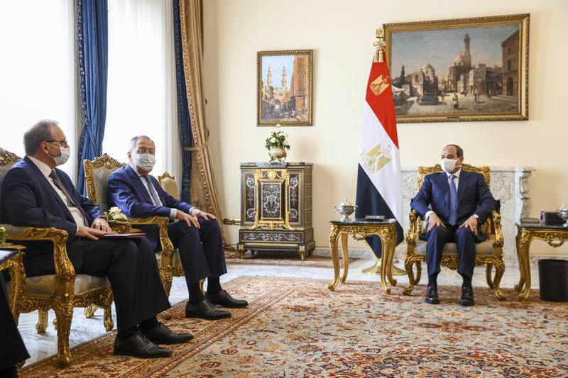 Egyptian President Abdel Fattah El Sisi meets Russian Foreign Minister Sergey Lavrov, second left, in Cairo. AP