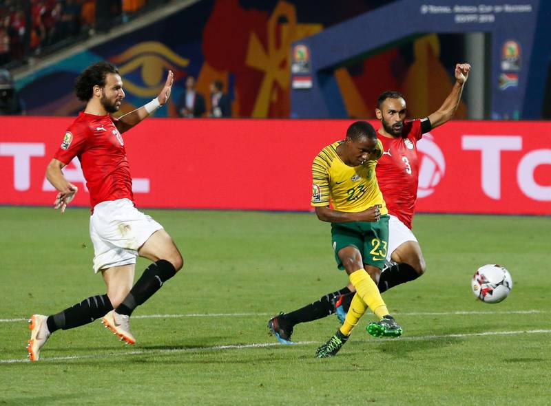 South Africa's Thembinkosi Lorch scores the only goal of the game. AP Photo