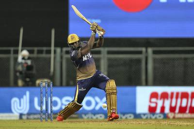Andre Russell of Kolkata Knight Riders  during match 18 of the Vivo Indian Premier League 2021 between the Rajasthan Royals and the Kolkata Knight Riders held at the Wankhede Stadium Mumbai on the 24th April 2021.

Photo by Ron Gaunt / Sportzpics for IPL