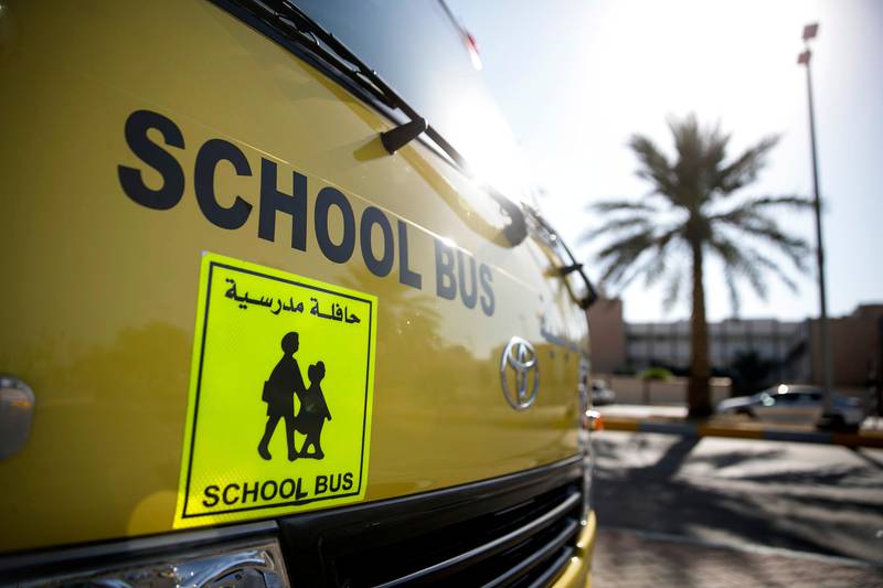 ABU DHABI, UNITED ARAB EMIRATES, Feb. 4, 2015:  
An exterior of a school bus as seen on Wednesday, Feb. 4, 2015, at the Al Nahda Schools'  school-bus parking lot. All new school busses are now equipped with seat belts, 2 internal and 4 external CCTV cameras. (Silvia Razgova / The National)  /  Usage: Feb. 4, 2015 /  Section: NA /  Reporter:  Ramona Ruiz
 *** Local Caption ***  SR-150204-schoolbusses07.jpg