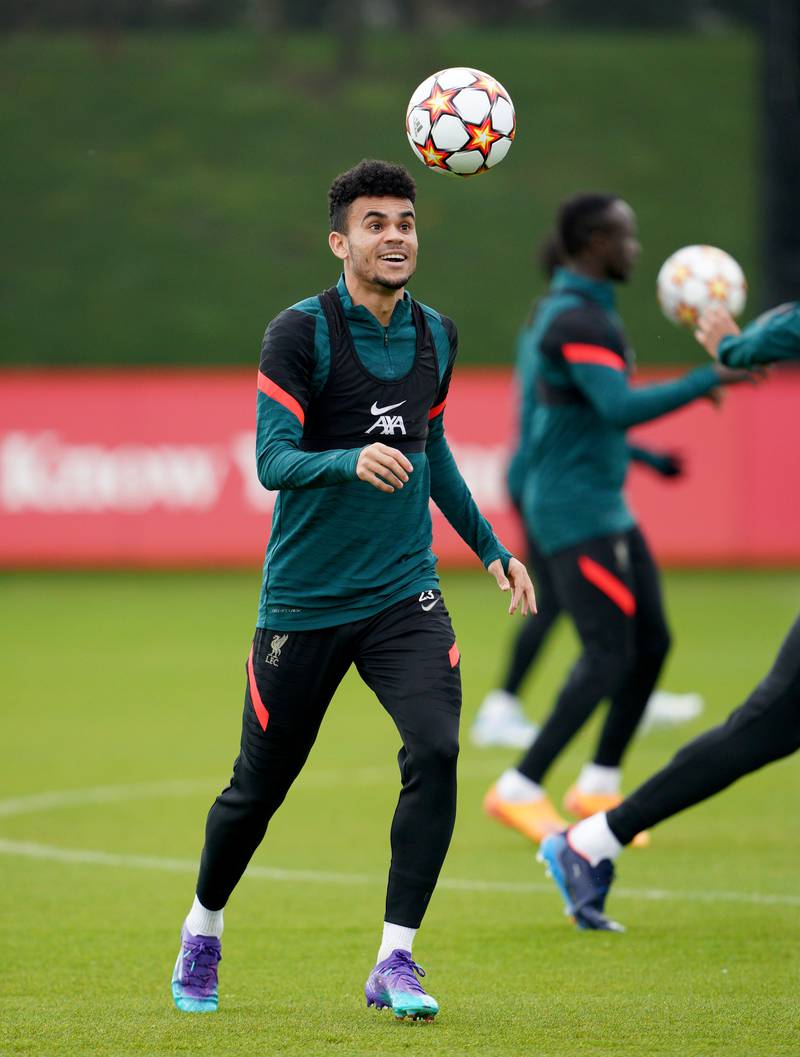 Liverpool's Luis Diaz trains on Tuesday. PA