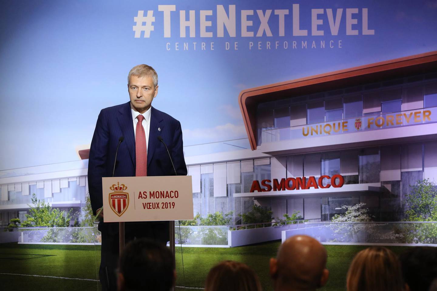 Monaco's Russian President Dmitri Rybolovlev speaks during a presentation of a new team training grounds and to present his new year's wishes on January 16 , 2019 at the Louis II Stadium in Monaco. (Photo by VALERY HACHE / AFP)