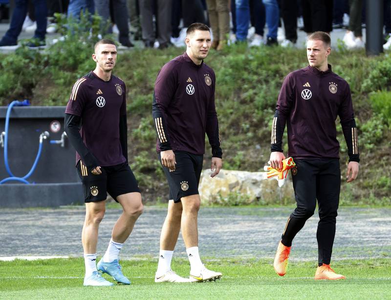 Germany's Robin Gosens, Niklas Sule and Marc-Andre ter Stegen during training. Reuters