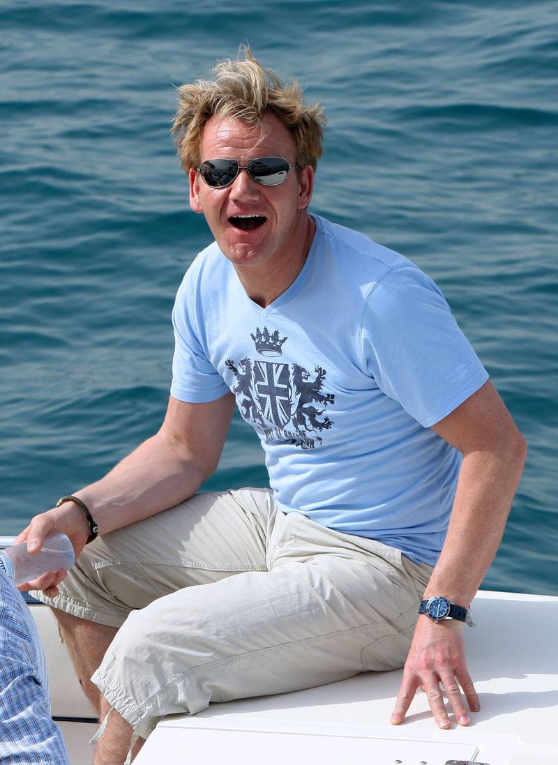 DUBAI-MAY 4,2008- Celebrity chef Gordon Ramsay seating on the deck of the fishing boat as he goes fishing in Dubai coast.  ( Paulo Vecina/The National ) *** Local Caption *** PV Ramsay 14.jpg
