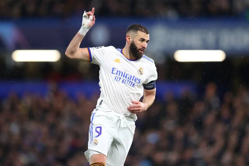 LONDON, ENGLAND - APRIL 06: Karim Benzema of Real Madrid looks on during the UEFA Champions League Quarter Final Leg One match between Chelsea FC and Real Madrid at Stamford Bridge on April 06, 2022 in London, England. (Photo by Catherine Ivill / Getty Images)