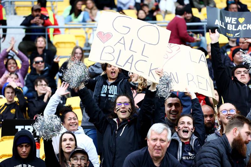All Blacks fans cheer on their team during the Bledisloe Cup match between the New Zealand and the Australia at Sky Stadium in Wellington. Getty Images