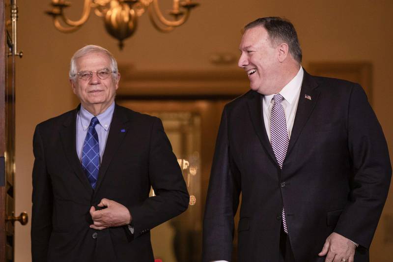 WASHINGTON, DC - FEBRUARY 07: US Secretary of State Mike Pompeo meets with EU High Representative For Foreign Affairs And Security Josep Borrell Fontelles at the US Department of State on February 7, 2020 in Washington, DC.   Samuel Corum/Getty Images/AFP
== FOR NEWSPAPERS, INTERNET, TELCOS & TELEVISION USE ONLY ==
