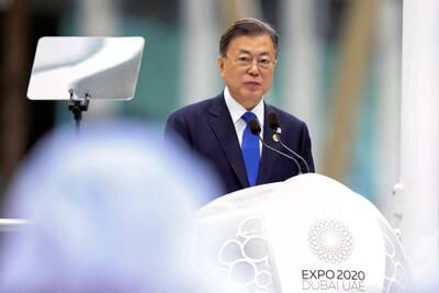 South Korean President Moon Jae-in speaks during South Korea's country day at Expo 2020 Dubai. Reuters