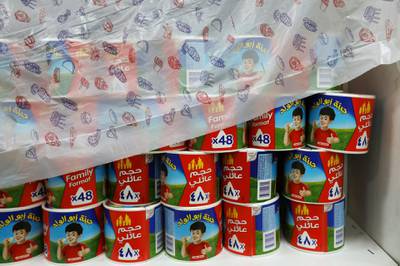 French products covered in protest against French cartoons of the Prophet Mohammed are seen at a mall in Amman, Jordan. Reuters