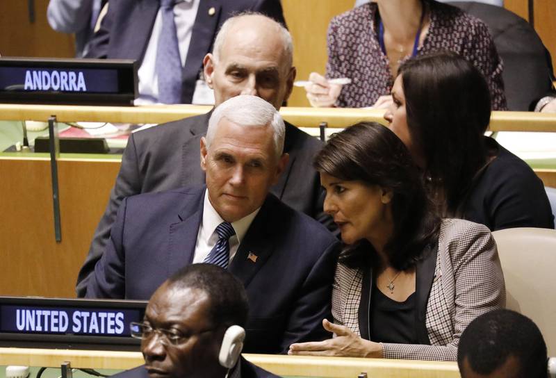 (L-R) US Vice President Mike Pence, White House Chief of Staff John Kelly (obscured), US Ambassador to the UN Nikki Haley and White House Press Secretary Sarah Huckabee Sanders, in their seats before US President Donald Trump addresses the General Debate of the General Assembly of the United Nations at United Nations Headquarters.  EPA