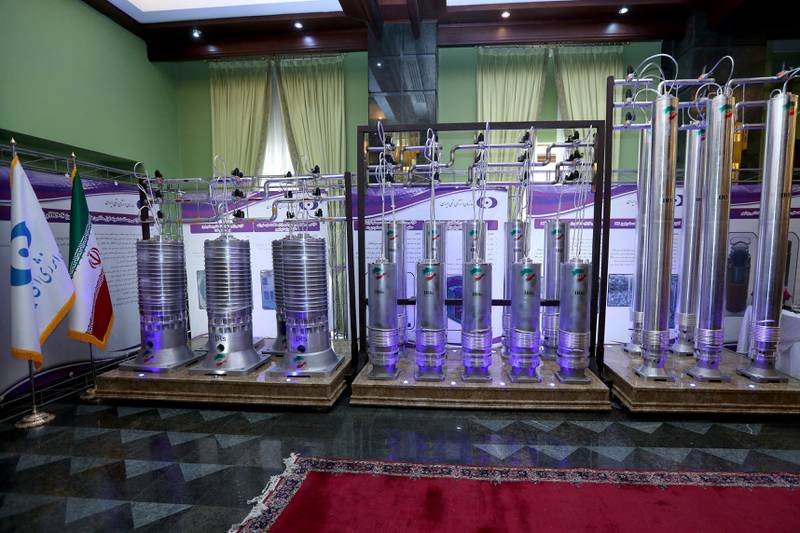 New generation Iranian centrifuges on display for Iran's National Nuclear Energy Day in Tehran, in April 2021.  Iranian Presidency Office / Wana 