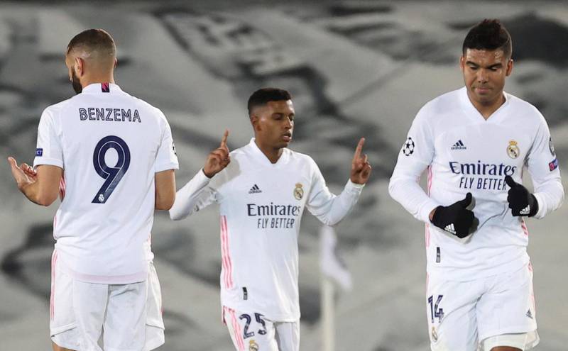 Real Madrid's winger Rodrygo celebrates after scoring the to make it 3-2. EPA