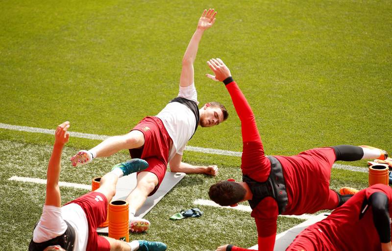 Liverpool's Andrew Robertson during training. Andrew Yates / Reuters