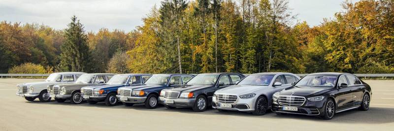 The new S-Class sits alongside seven of its ancestors.