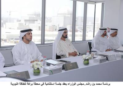 Sheikh Mohammed bin Rashid, Prime Minister and Ruler of Dubai, on Monday chaired a Cabinet session at the Barakah Nuclear Power Plant site in Al Dhafra, Abu Dhabi. Also there were Sheikh Mansour bin Zayed, Deputy Prime Minister and Minister of Presidential Affairs, Sheikh Abdullah bin Zayed, Minister of Foreign Affairs and International Cooperation, and Mohammed Al Gergawi, Minister of Cabinet Affairs and the Future. Wam