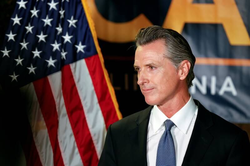 California Governor Gavin Newsom makes an appearance after the polls close on the recall election at the California Democratic Party headquarters in Sacramento. Reuters
