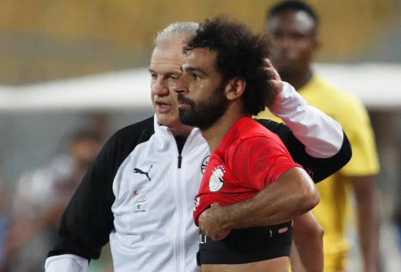 Egypt head coach Javier Aguirre with Salah before he comes on as a substitute. Reuters