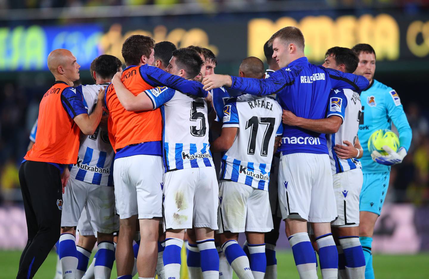Real Sociedad players celebrate the win over Villarreal. Getty