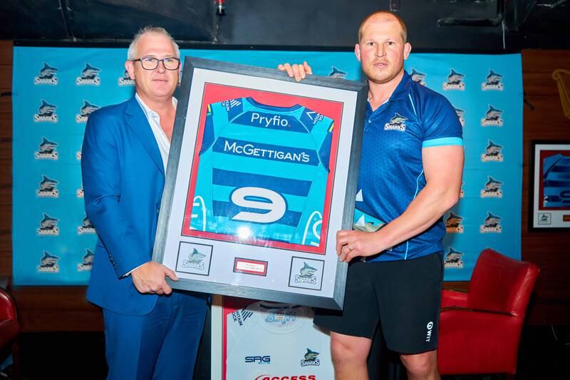 Former England rugby captain Dylan Hartley, right, is unveiled as the new director of rugby at Dubai Sharks. Photo: Dubai Sharks