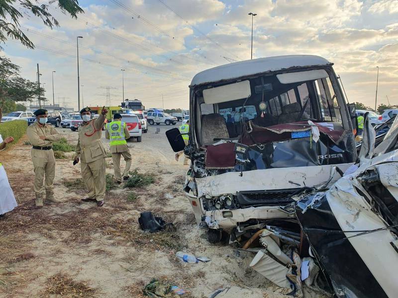 Two people died and 10 were injured in a crash involving three buses in Dubai on Tuesday. Courtesy: Dubai Police