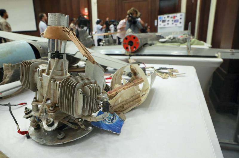 Abu Dhabi, U.A.E., June 19, 2018. Allegedly used Iranian weapons that have been used in Yemen.  A shot down drone engine.Victor Besa / The NationalSection:  NARequested by:   Jake Badger
