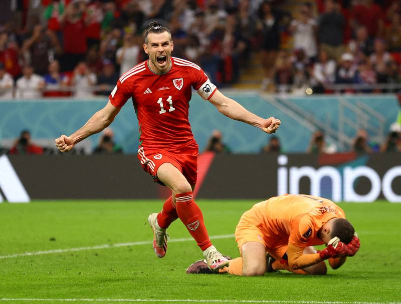 Wales' Gareth Bale celebrates scoring their first goal. Reuters