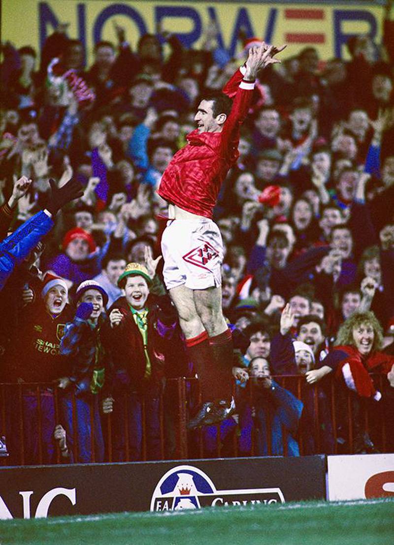 MANCHESTER, UNITED KINGDOM - DECEMBER 19:  Manchester United player Eric Cantona celebrates his 2nd goal in a 3-1 Premier League win over Aston Villa at Old Trafford on December 19, 1993 in Manchester, England.  (Photo by Clive Brunskill/Allsport/Getty Images)