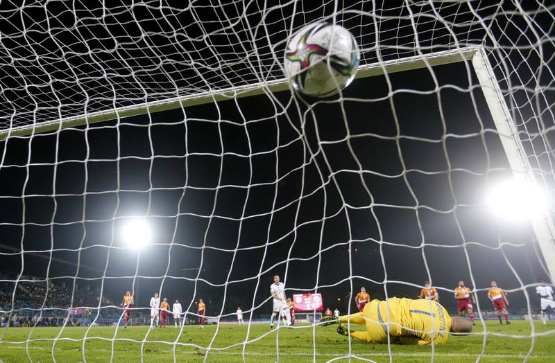 England's Harry Kane scores their third goal from the penalty spot. Reuters