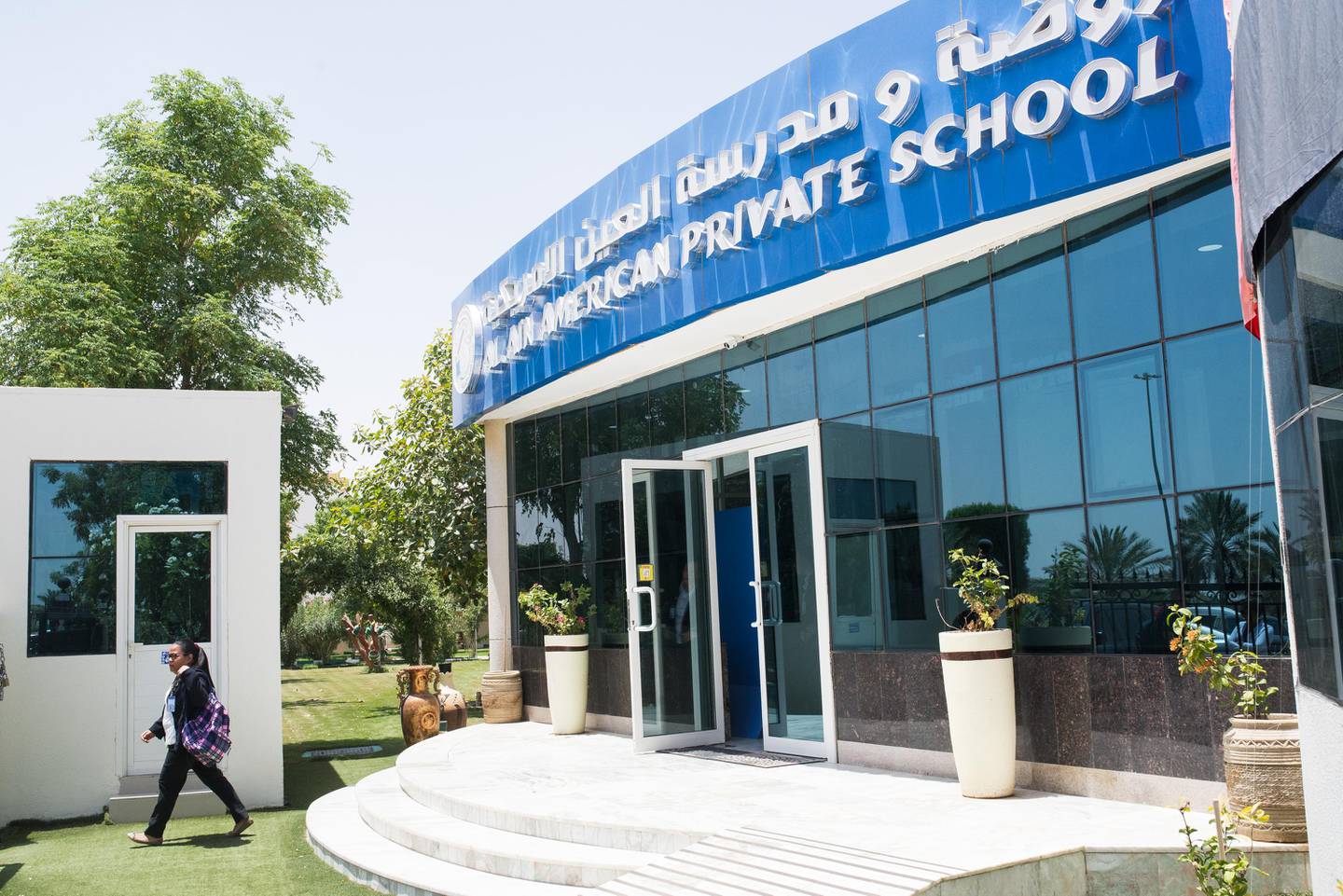 Al Ain, UAE. June 6th 2016. The entrance to Al Ain American Private School. The school has recently experienced a significant leap in its rating, rising from a Band C to a Band A school. Alex Atack for The National.  *** Local Caption ***  AA_060616_AlAinAmericanSchool-9.jpg