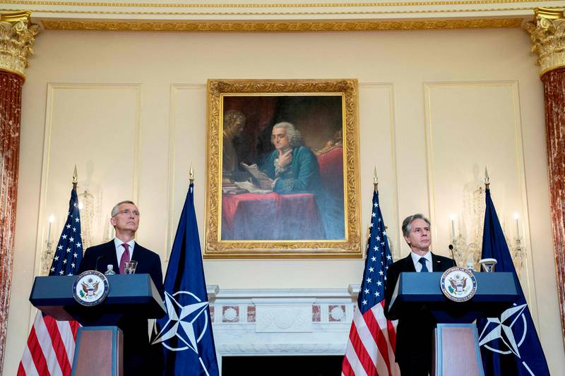 US Secretary of State Antony Blinken, pictured here alongside Nato Secretary General Jens Stoltenberg, urged Turkey to stick to ceasefire lines established in 2019. AFP