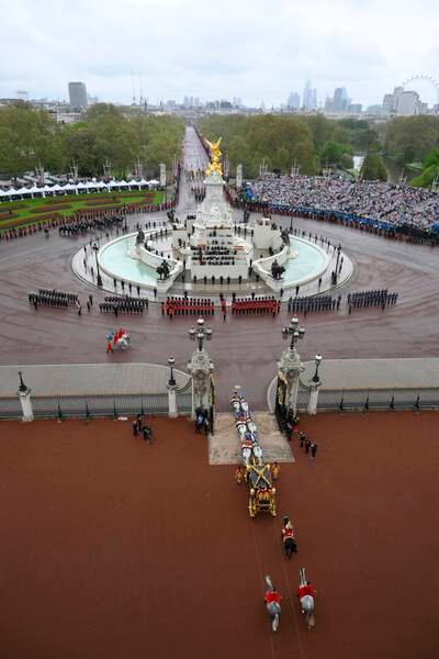 King Charles and Queen Camilla leave Buckingham Palace in the Diamond Jubilee Carriage. Getty