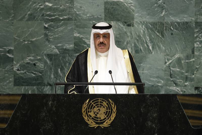 Prime Minister of Kuwait Ahmad Nawaf Al Sabah speaks at the UN. AP 