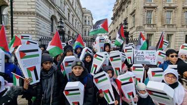 Mothers and their children demonstrate outside Downing Street in London over the deaths of Palestinian children in Gaza. Photo: Friends of Al Aqsa
