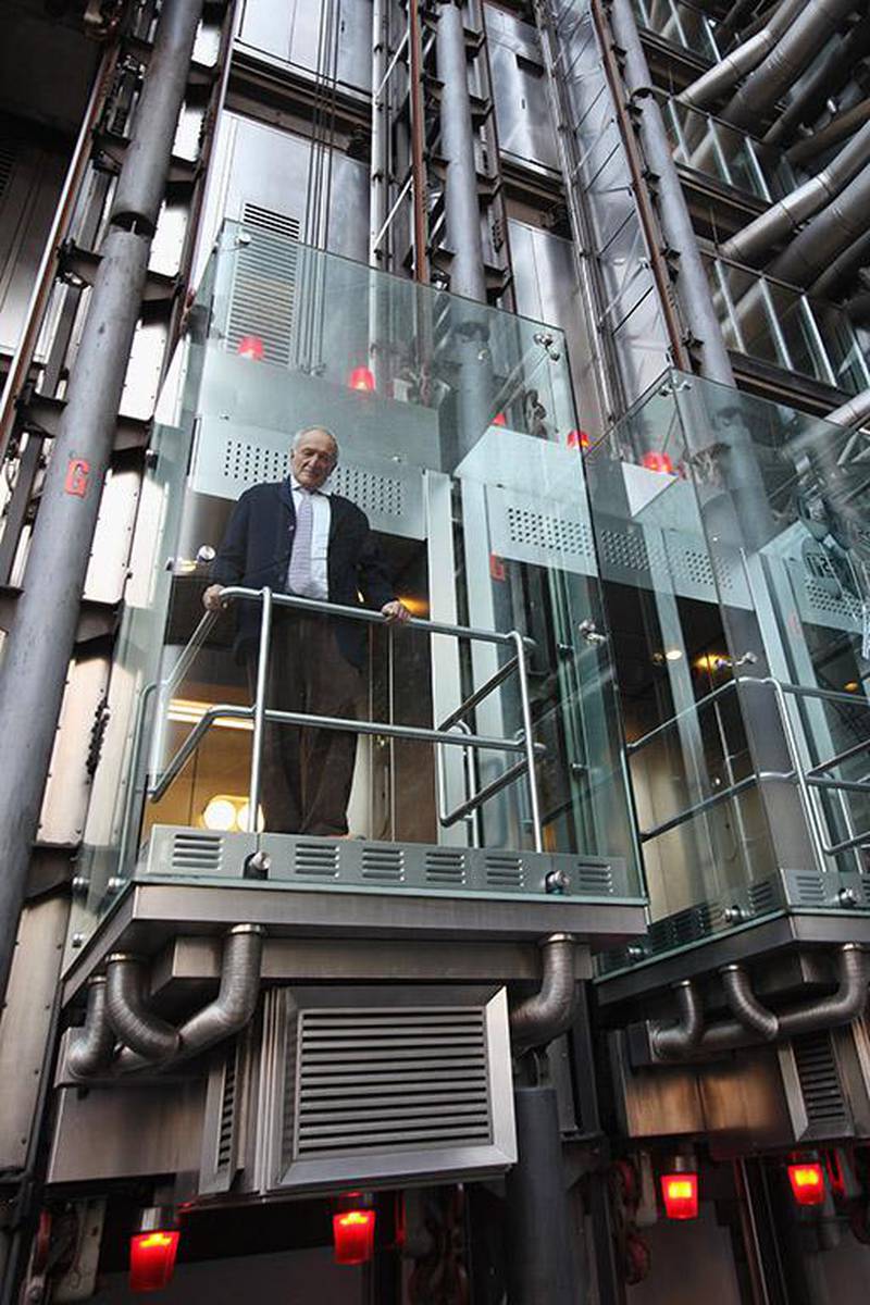 LONDON, ENGLAND - NOVEMBER 15:  Architect Lord Richard Rogers poses for a picture while standing in a lift at the Lloyd's Building on November 15, 2011 in London, England. Designed by Lord Rogers and completed in 1986, the iconic London landmark is celebrating its 25th anniversary. Lloyd's Building is the home of Lloyds of London, the global hub of the insurance industry and is located in the heart of the City of London.  (Photo by Dan Kitwood/Getty Images)