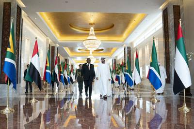 ABU DHABI, UNITED ARAB EMIRATES - July 13, 2018: HH Sheikh Mohamed bin Zayed Al Nahyan Crown Prince of Abu Dhabi Deputy Supreme Commander of the UAE Armed Forces (R), receives HE Cyril Ramaphosa, President of South Africa (L), at the Presidential Airport.
 
( Mohamed Al Hammadi / Crown Prince Court - Abu Dhabi )
---