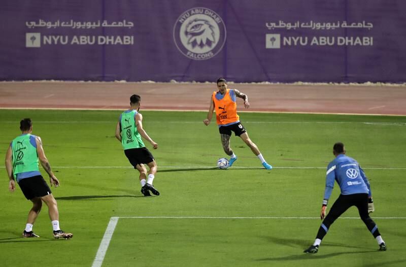 Darwin Nunez on the ball during a training session with the Uruguay squad at NYU Abu Dhabi Stadium.