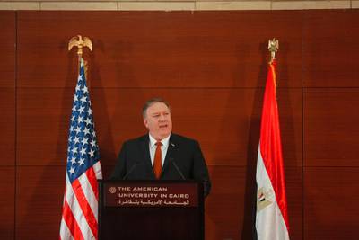 epa07273389 US Secretary of State Mike Pompeo speaks during his visit at the American University in Cairo, Egypt, 10 January 2019. Pompeo spoke about working with the US allies in the middle east to end terrorism.  EPA/STR