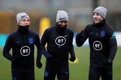 Soccer Football - Euro 2020 Qualifier - England Training - Watford Training Ground, St Albans, Britain - November 16, 2019   England's James Maddison, Raheem Sterling and Kieran Trippier during training   Action Images via Reuters/Matthew Childs